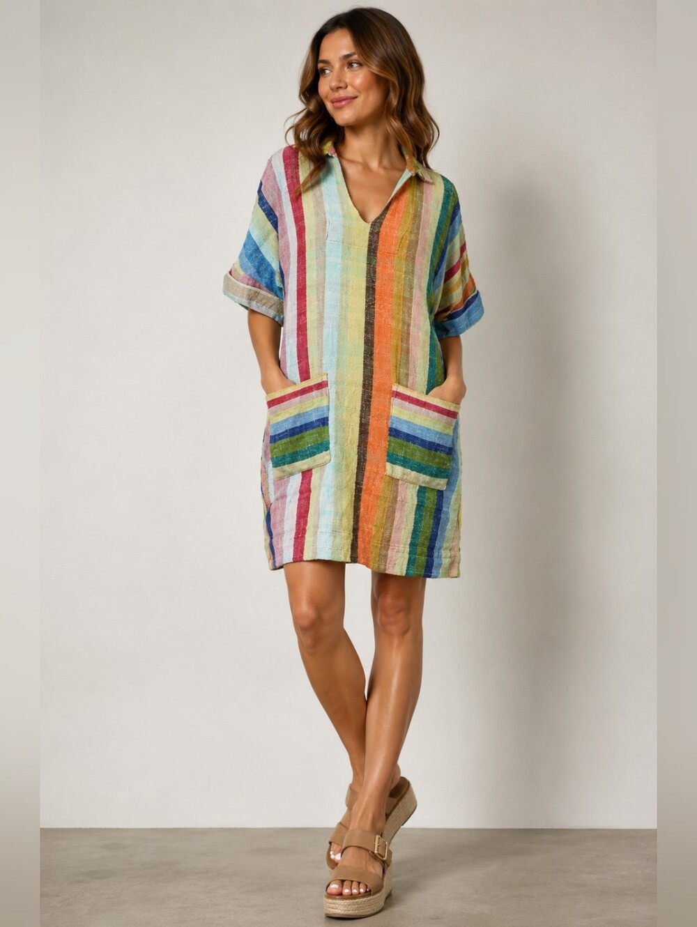 Warm Multicolor Striped Cotton Shift Dress Pockets Size 2